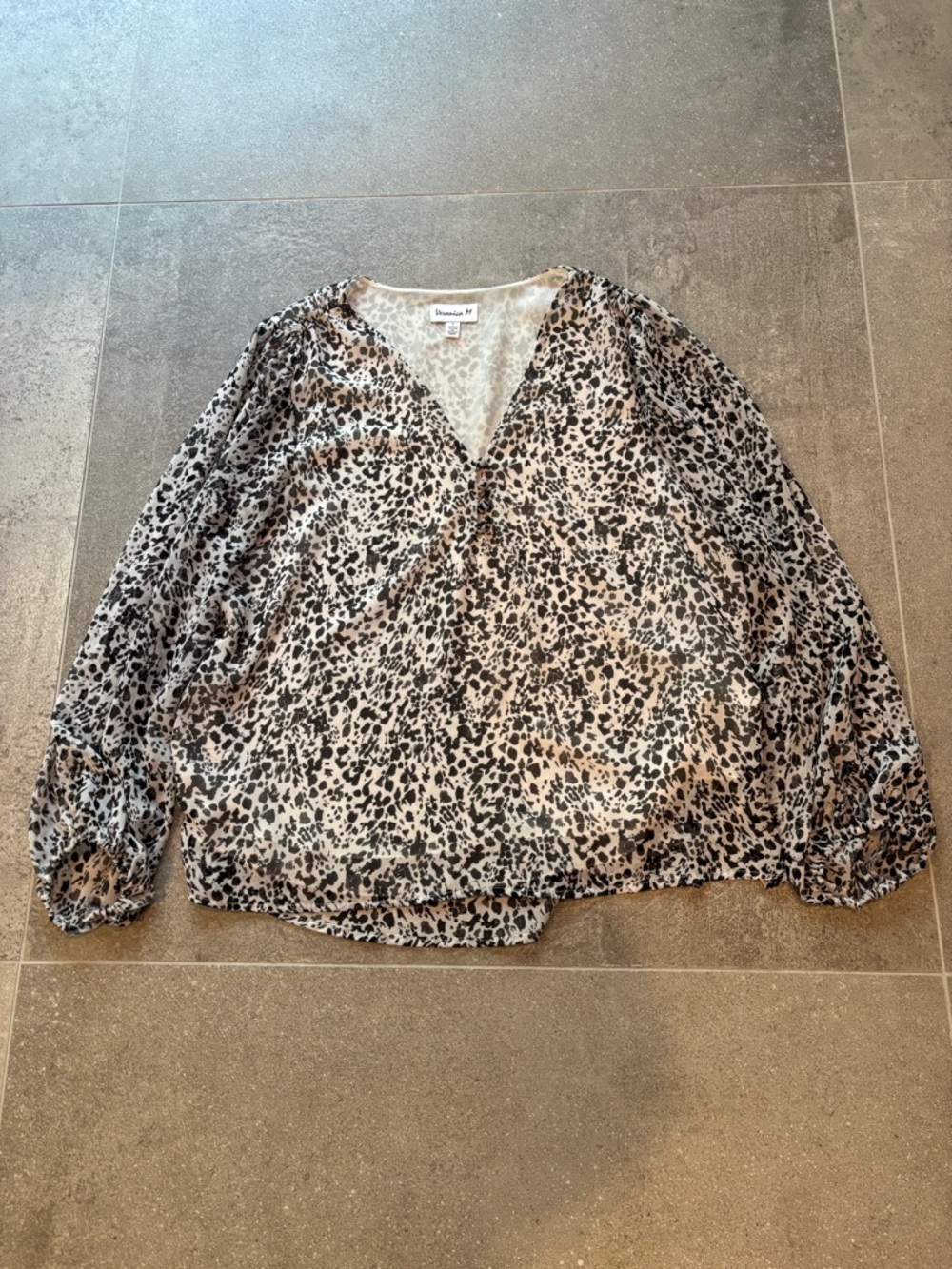 Veronica M Size L Beige and Black Animal Print V-Neck Blouse